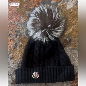 Moncler Black Cable Knit Beanie w/ Real Fur Pom & Logo Patch